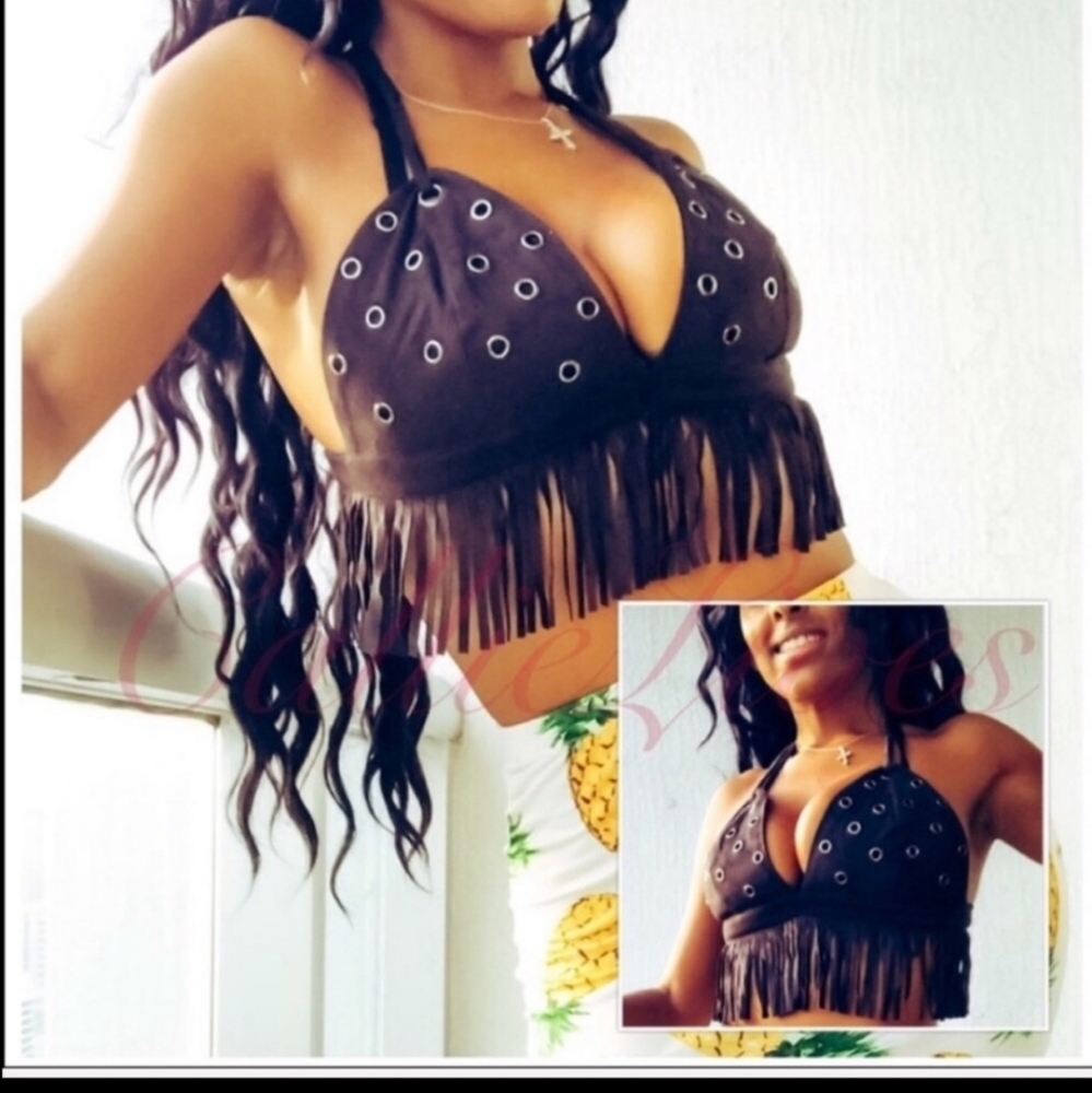Grommet Studded Cropped Halter Top